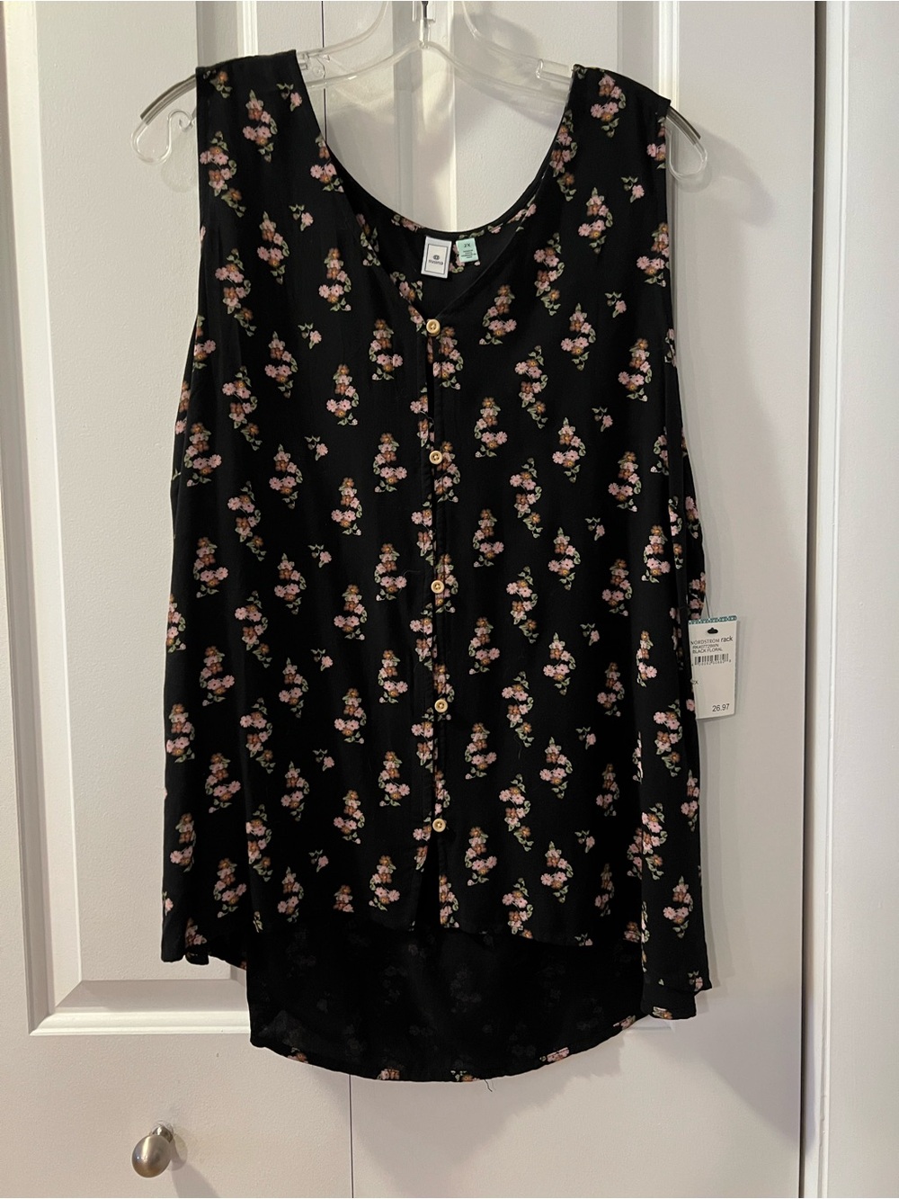 Susina Black Floral Button-Front Tank with Pink Blossoms 2X NWT